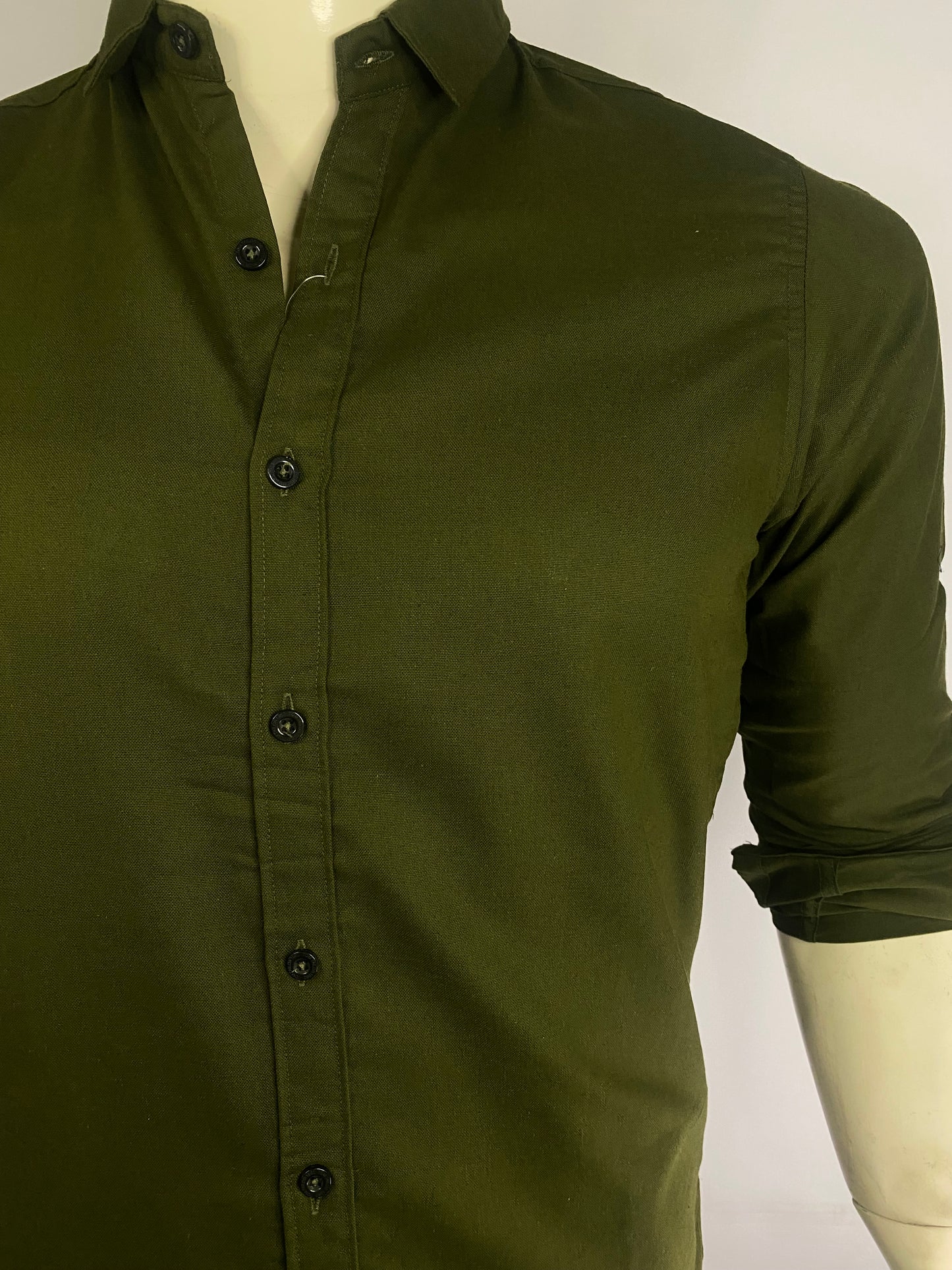 Long Sleeve Army Green Color Oxford Cotton Chambray Semi Formal Shirt For Men's