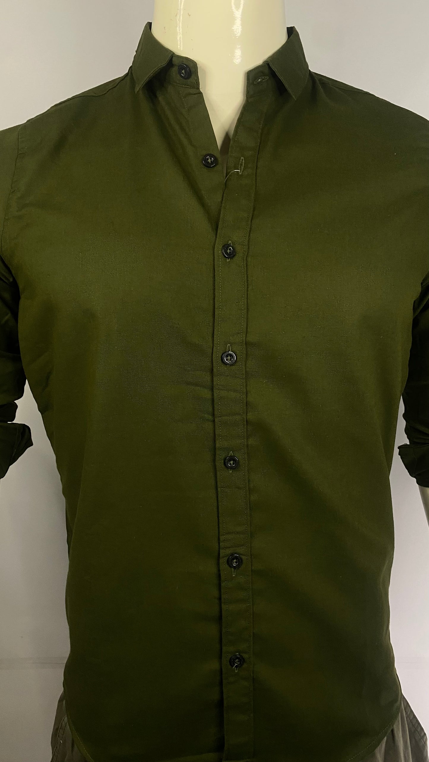 Long Sleeve Army Green Color Oxford Cotton Chambray Semi Formal Shirt For Men's