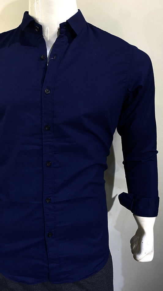 Long Sleeve Navy Blue Color Oxford Cotton Chambray Semi Formal Shirt For Men's