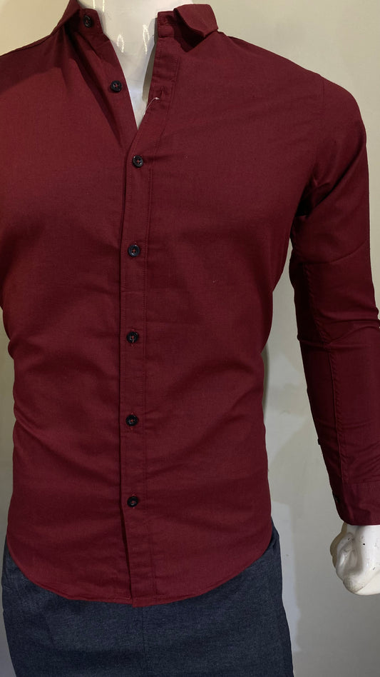 Long Sleeve Maroon Color Oxford Cotton Chambray Semi Formal Shirt For Men's