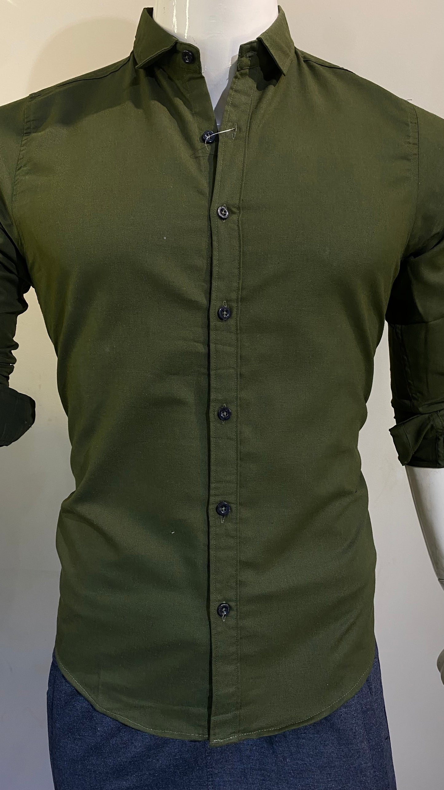 Long Sleeve Army Green Color Oxford Cotton Chambray Semi Formal Shirt For Men's