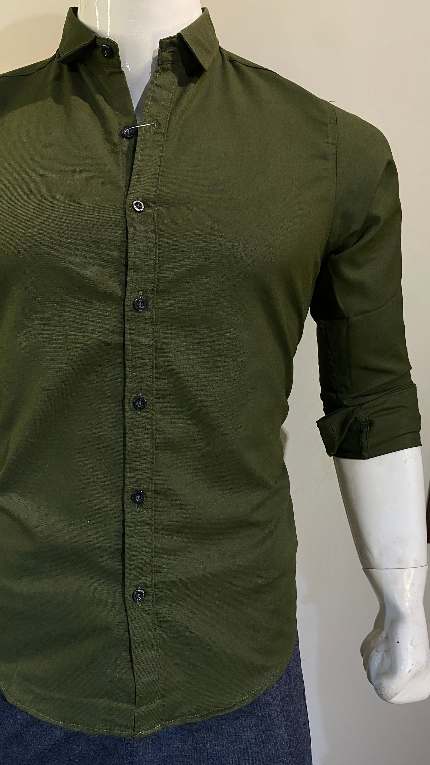 Long Sleeve Army Green Color Oxford Cotton Chambray Semi Formal Shirt For Men's