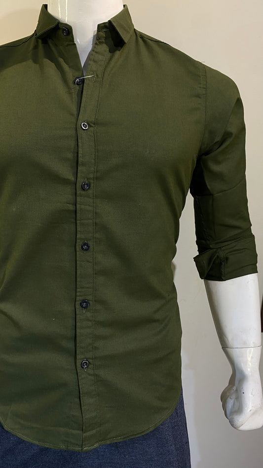 Long Sleeve Army Green Color Oxford Cotton Chambray Semi Formal Shirt For Men's