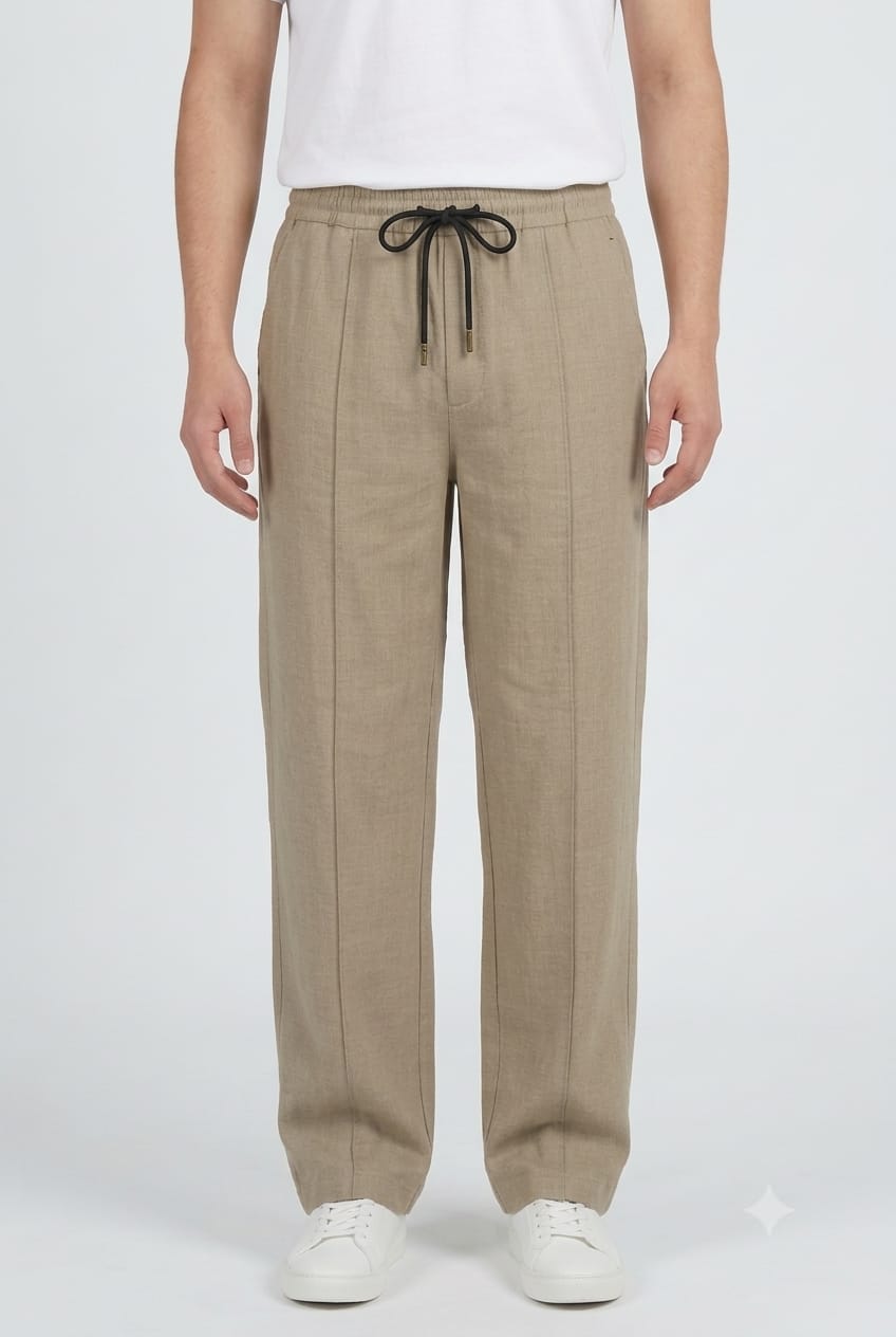 Men's Beige Baggy Fit Trousers Drawstring Cotton Pants