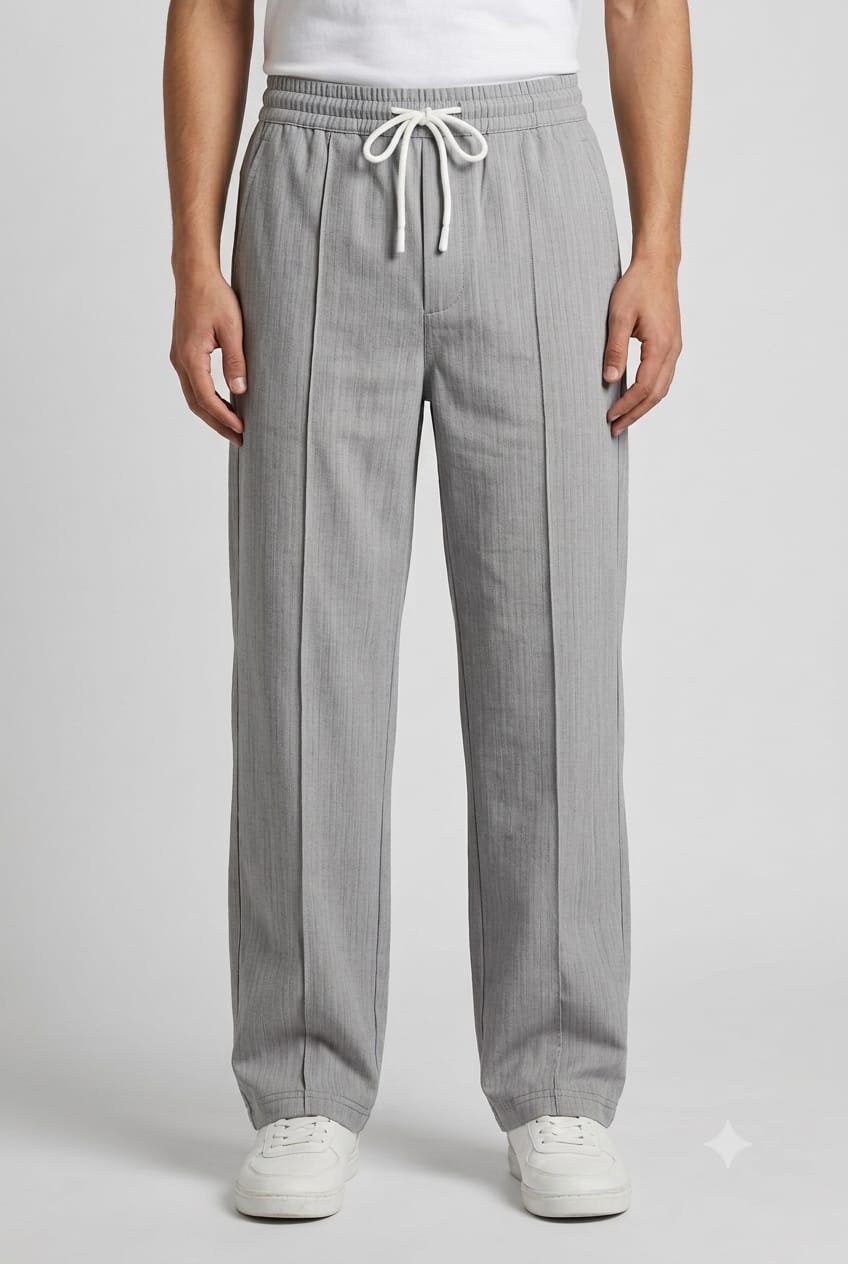 Grey Baggy Fit Trousers Drawstring Cotton Pants