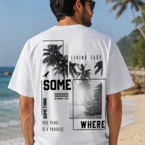 Somewhere" Tropical Palm Print Oversized T-Shirt for Men | Summer 1986 Retro Streetwear Tee