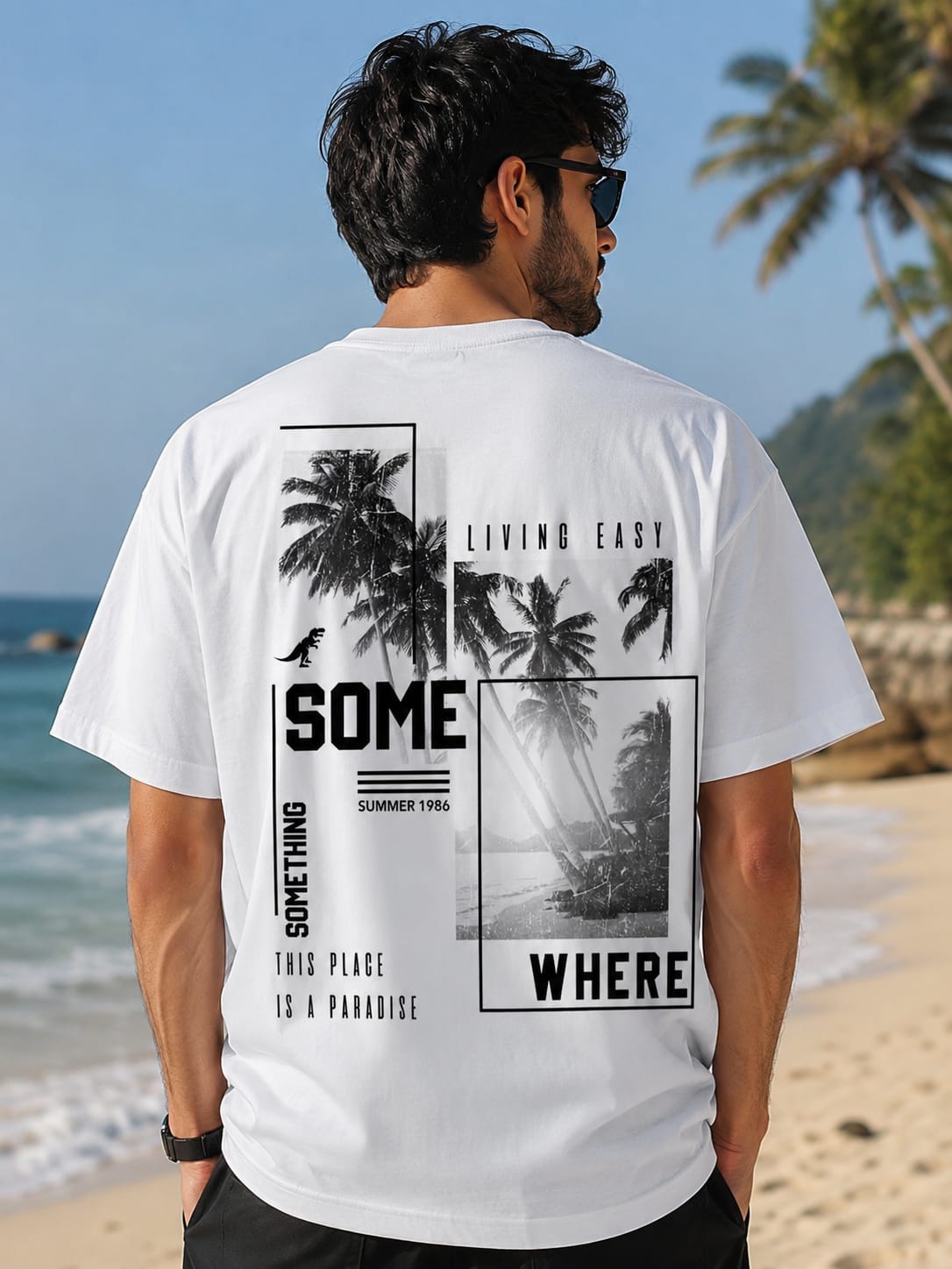 Somewhere" Tropical Palm Print Oversized T-Shirt for Men | Summer 1986 Retro Streetwear Tee