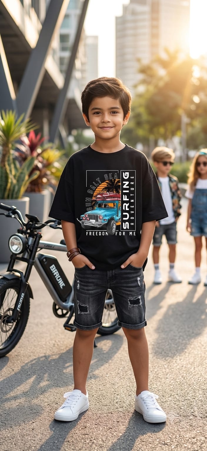 Kids Black "Surfing Adventure" Graphic T-Shirt