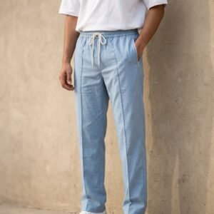 Men's Sky Blue Baggy Fit Trouser Drawstring Cotton Pants
